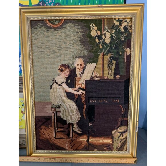 Vintage Needlepoint Tapestry Framed Art Piano lesson - Picture 11 of 16